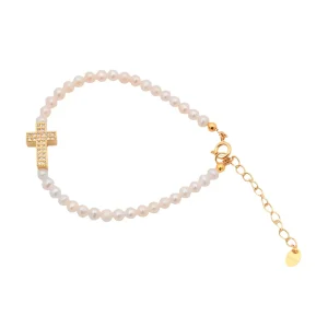 Pulsera perlas y cruz con circonitas